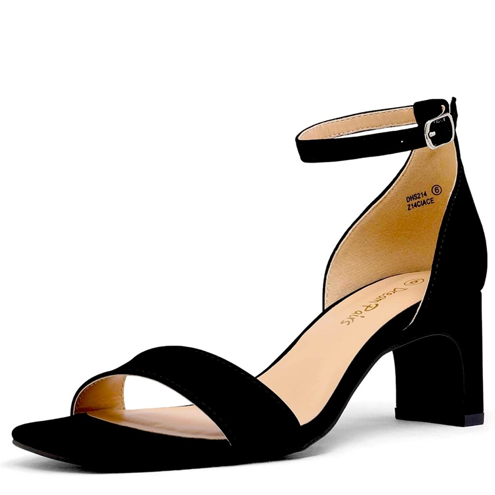 Women's Square Toe Low Block Chunky Heels Open Toe Ankle Strap Dress Pump Shoes
